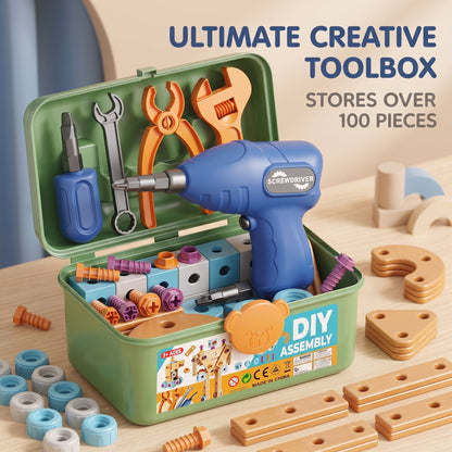 BuildiPro™ Kinder-Werkzeugkoffer – 126-teiliges DIY-Bauset mit Elektrobohrer
