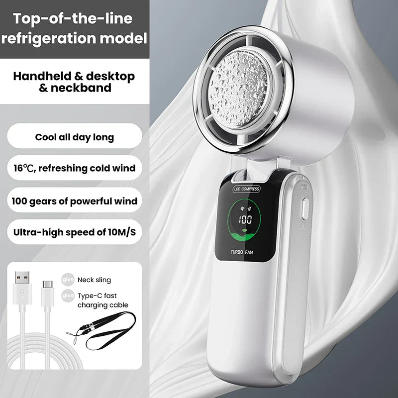 BREEZARO Mini Handventilator mit Kühlpack | 100 Geschwindigkeitsstufen | 10W Turbokraft | Klappbares & Tragbares Design