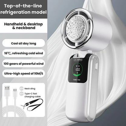BREEZARO Mini Handventilator mit Kühlpack | 100 Geschwindigkeitsstufen | 10W Turbokraft | Klappbares & Tragbares Design