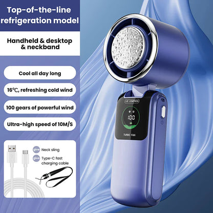 BREEZARO Mini Handventilator mit Kühlpack | 100 Geschwindigkeitsstufen | 10W Turbokraft | Klappbares & Tragbares Design
