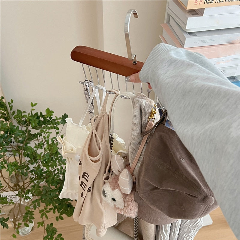Anti-Rutsch Mehrfach-Kleiderhaken mit 8 Haken | Stahl & Holz | Für Jacken, Taschen, Schals & Dessous | 18,5 × 28 cm