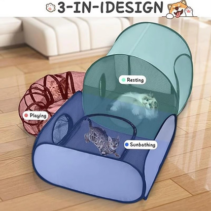 KittyCamp™ | Katzen-Spielzelt mit Tunnel – Faltbar, atmungsaktiv & stressreduzierend