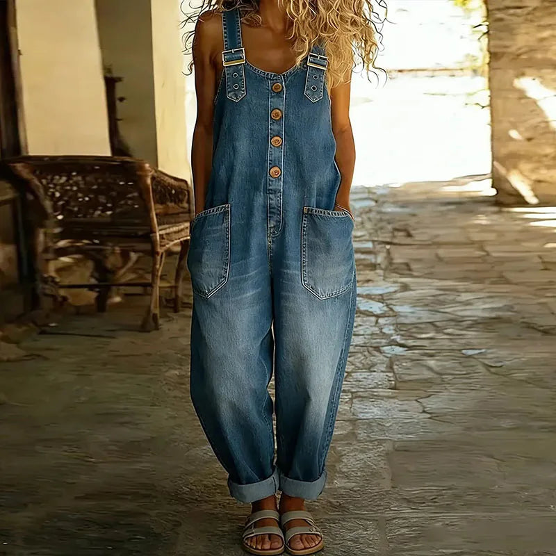 Saylor – Luftige Vintage-Latzhose in Denim-Optik mit verstellbaren Trägern
