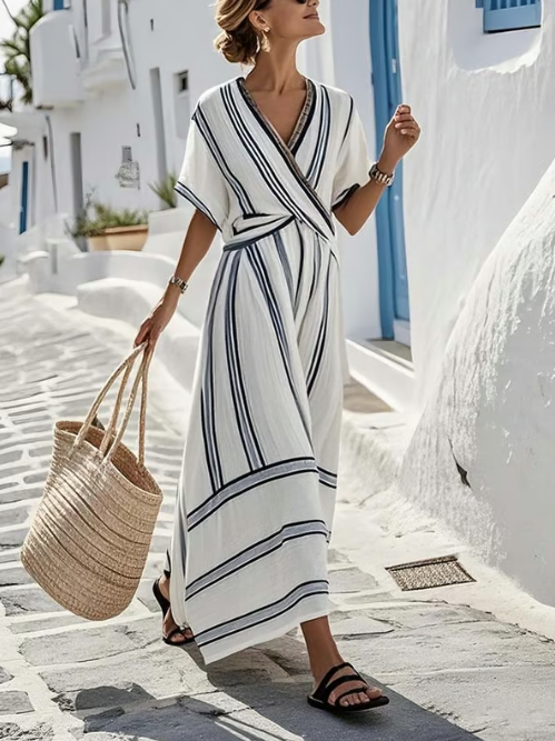 Elegantes Leinenkleid mit gekreuztem Neckholder-Ausschnitt