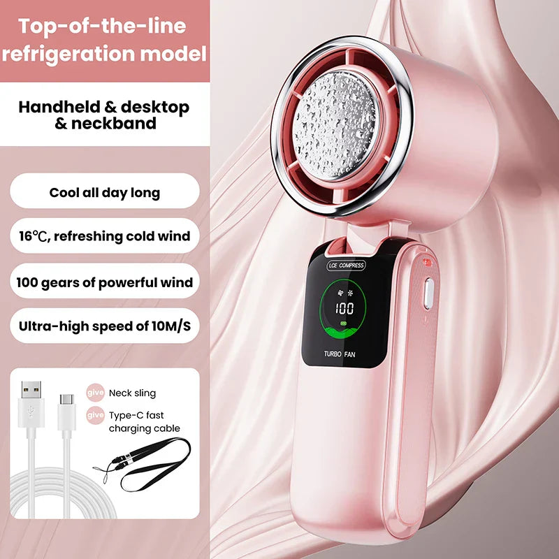 BREEZARO Mini Handventilator mit Kühlpack | 100 Geschwindigkeitsstufen | 10W Turbokraft | Klappbares & Tragbares Design