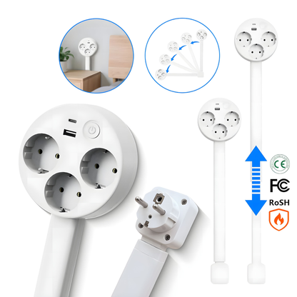 PowerReach™ | Ausziehbare Verlängerungssteckdose mit 3 EU-Steckdosen, USB-A & USB-C
