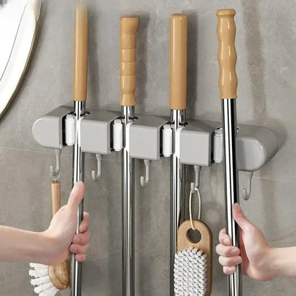 Wandhalterung für Wischmopp und Besen mit Haken (Organizer mit mehreren Steckplätzen)