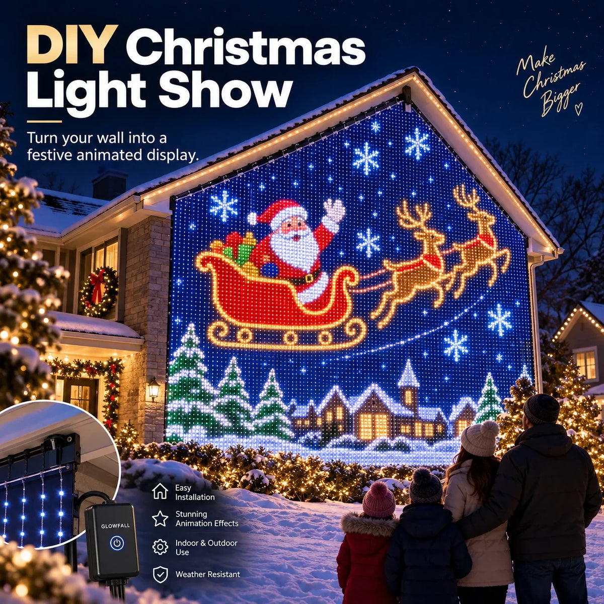 Weihnachtliche LED Hausnetz- und Wandvorhangbeleuchtung