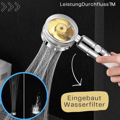 Duschkopf mit Propeller-Turbine & Filter | Spürbar mehr Druck & 360° verstellbar | Wasser sparen, abnehmbar, Standardanschluss