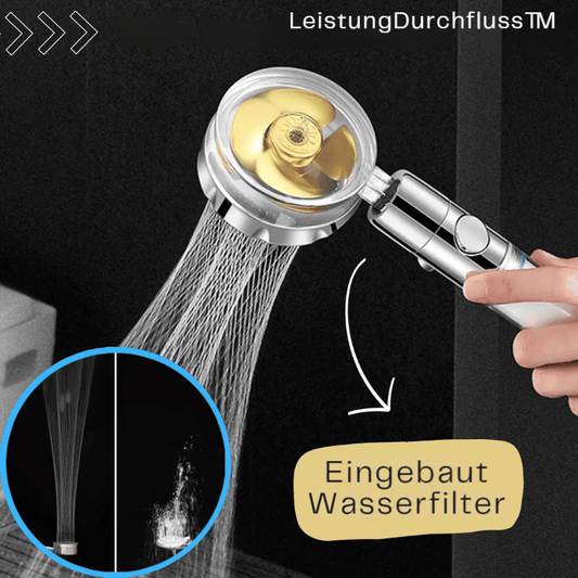 Duschkopf mit Propeller-Turbine & Filter | Spürbar mehr Druck & 360° verstellbar | Wasser sparen, abnehmbar, Standardanschluss