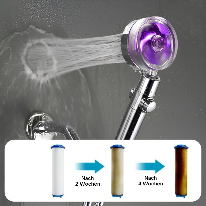 Duschkopf mit Propeller-Turbine & Filter | Spürbar mehr Druck & 360° verstellbar | Wasser sparen, abnehmbar, Standardanschluss