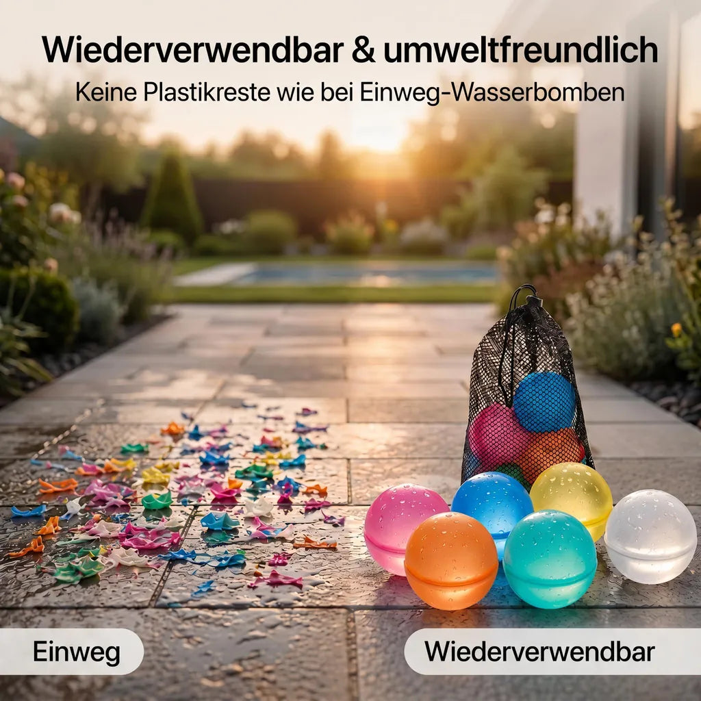 6x PRECORN Wasserbomben – Wiederverwendbar, selbstschließend, in 1 Sek. befüllt, weiche Splash-Bälle für Kinder & Erwachsene, Sommer, Pool & Strand