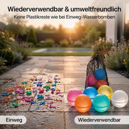 6x PRECORN Wasserbomben – Wiederverwendbar, selbstschließend, in 1 Sek. befüllt, weiche Splash-Bälle für Kinder & Erwachsene, Sommer, Pool & Strand