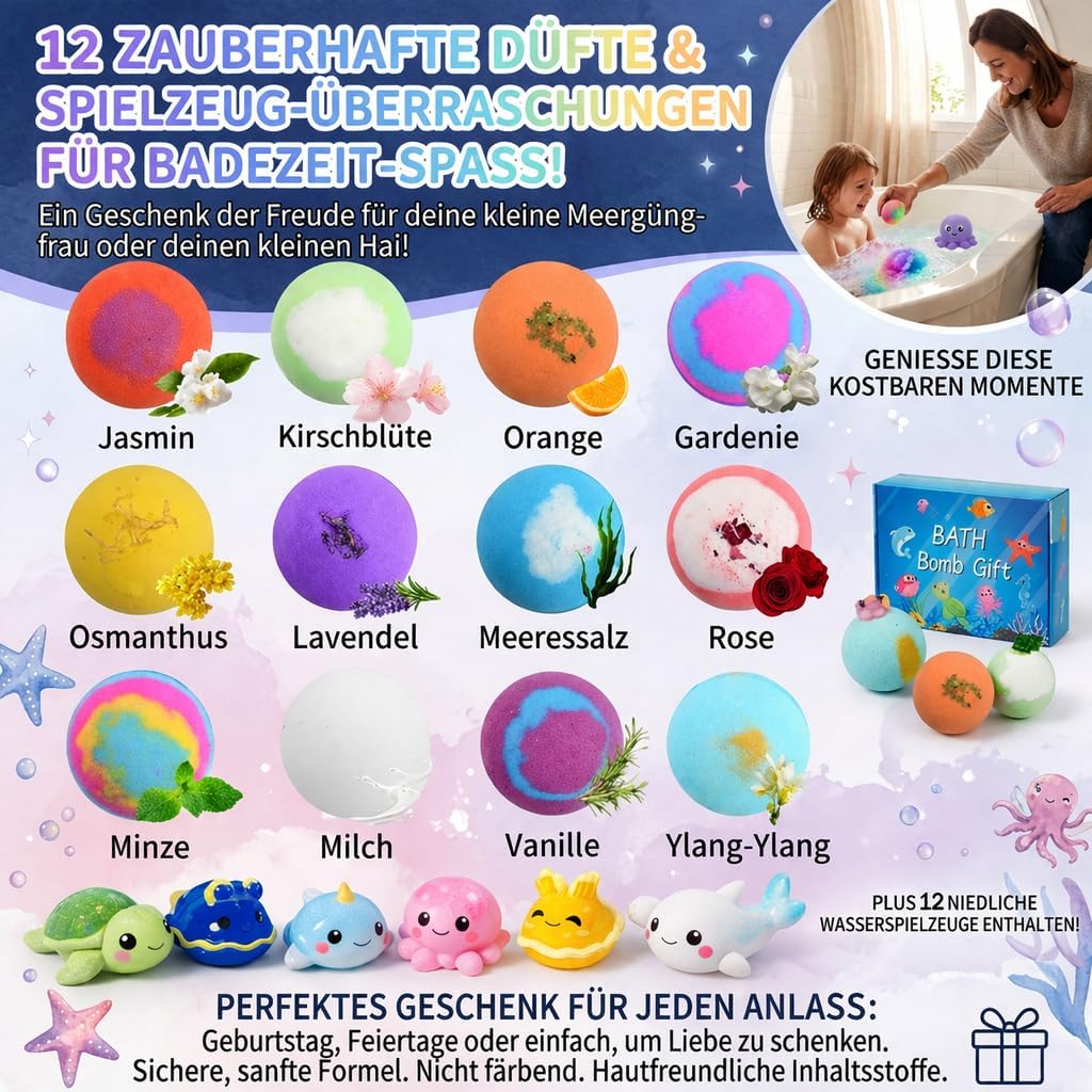 Badekugeln Kinder Set – 12 Badebomben mit Überraschung und Mega Schaum | Geschenkset für Kinder, Geburtstag & Feiertage