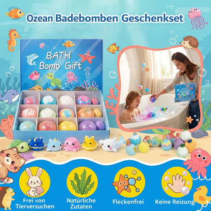 Badekugeln Kinder Set – 12 Badebomben mit Überraschung und Mega Schaum | Geschenkset für Kinder, Geburtstag & Feiertage
