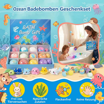 6+6 GRATIS | Badebomben für Kinder – 12 Sprudelnde Badekugeln mit Meerestier Überraschung