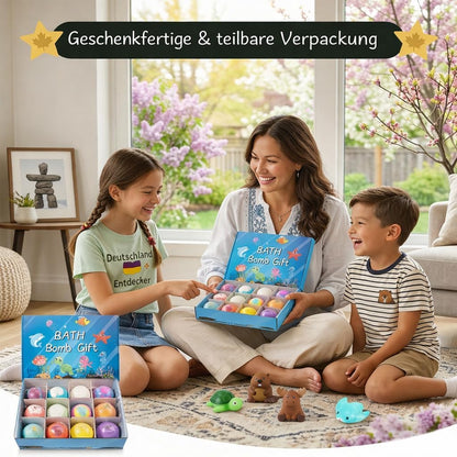 Badekugeln Kinder Set – 12 Badebomben mit Überraschung und Mega Schaum | Geschenkset für Kinder, Geburtstag & Feiertage