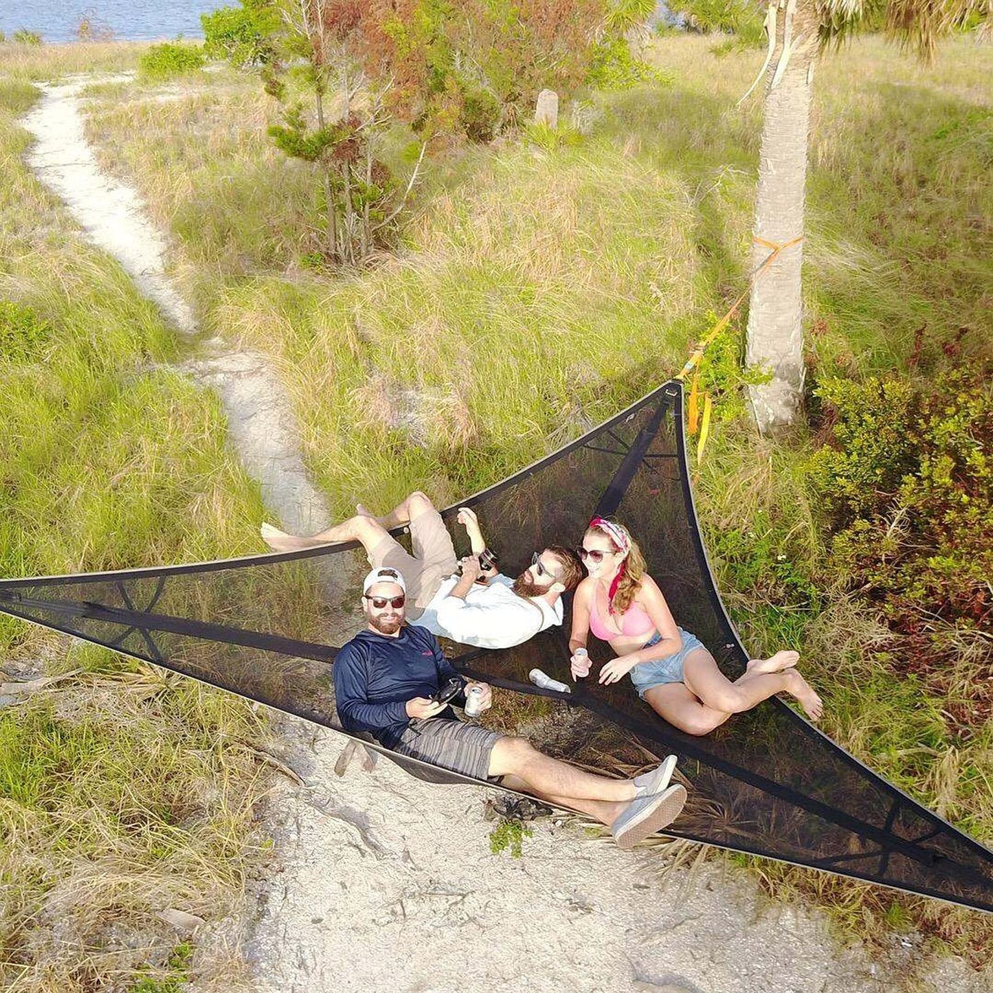 3-Punkt Camping Hängematte Dreieck | Bis 500 kg Tragkraft | Schwebend ohne ebenen Boden, Stauraumfächer für Outdoor & Garten