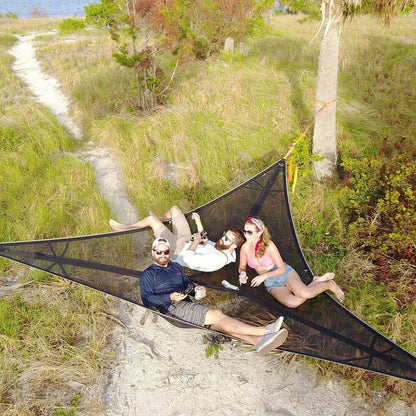 3-Punkt Camping Hängematte Dreieck | Bis 500 kg Tragkraft | Schwebend ohne ebenen Boden, Stauraumfächer für Outdoor & Garten