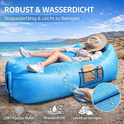 Luftsofa mit Kopfstütze – aufblasbarer Air Lounger bis 200 kg, wasserdicht, ohne Pumpe, mit Seitentaschen & Tragetasche für Camping, Strand & Park