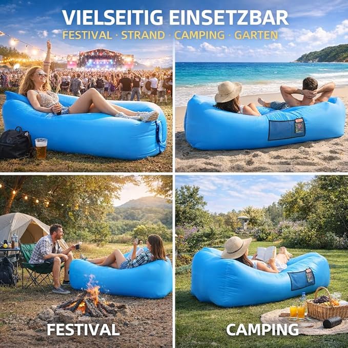 Luftsofa mit Kopfstütze – aufblasbarer Air Lounger bis 200 kg, wasserdicht, ohne Pumpe, mit Seitentaschen & Tragetasche für Camping, Strand & Park
