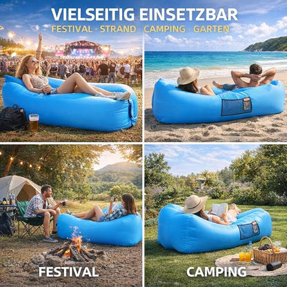 Luftsofa mit Kopfstütze – aufblasbarer Air Lounger bis 200 kg, wasserdicht, ohne Pumpe, mit Seitentaschen & Tragetasche für Camping, Strand & Park