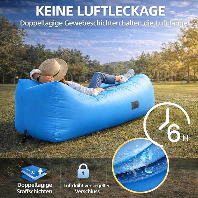 Luftsofa mit Kopfstütze – aufblasbarer Air Lounger bis 200 kg, wasserdicht, ohne Pumpe, mit Seitentaschen & Tragetasche für Camping, Strand & Park