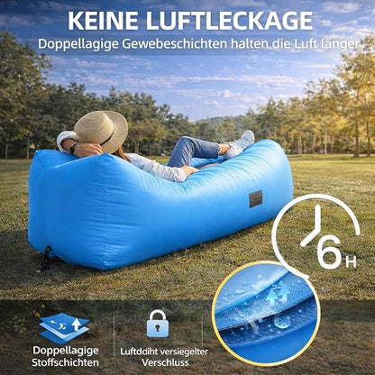 Luftsofa mit Kopfstütze – aufblasbarer Air Lounger bis 200 kg, wasserdicht, ohne Pumpe, mit Seitentaschen & Tragetasche für Camping, Strand & Park