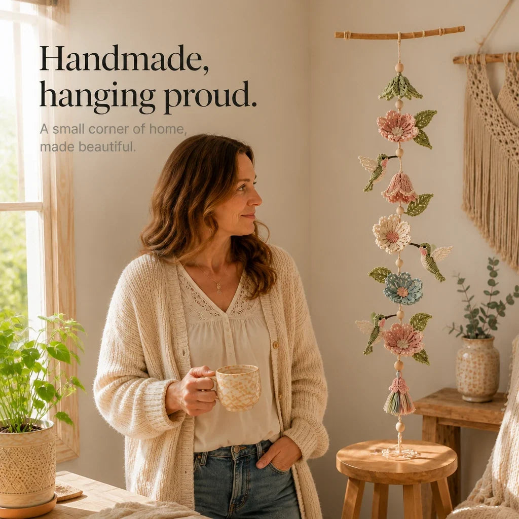 Nur noch heute 50 % Rabatt | Hummingbird Haven™ – Liebevoll handgehäkelte Blumengirlande mit Kolibris für ein gemütliches Zuhause!