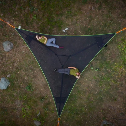 3-Punkt Camping Hängematte Dreieck | Bis 500 kg Tragkraft | Schwebend ohne ebenen Boden, Stauraumfächer für Outdoor & Garten