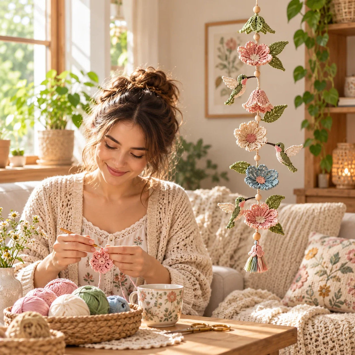 Nur noch heute 50 % Rabatt | Hummingbird Haven™ – Liebevoll handgehäkelte Blumengirlande mit Kolibris für ein gemütliches Zuhause!