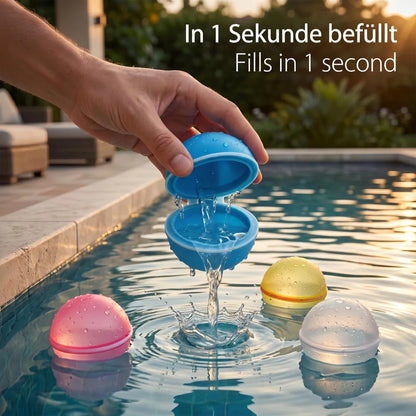 6x PRECORN Wasserbomben – Wiederverwendbar, selbstschließend, in 1 Sek. befüllt, weiche Splash-Bälle für Kinder & Erwachsene, Sommer, Pool & Strand
