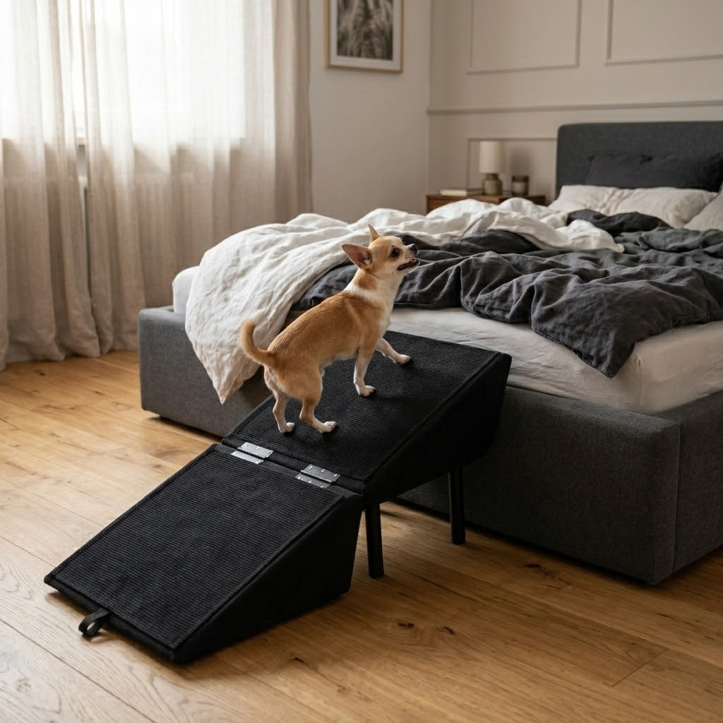 Hunderampe mit Hocker-Funktion – klappbare Aufstiegshilfe für Sofa & Bett