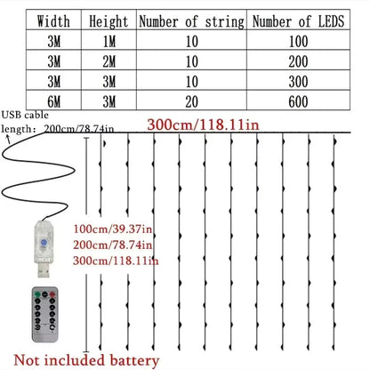 LED-Vorhangbeleuchtung | Silberdraht USB-betrieben & mit Fernbedienung | Verschiedene Größen
