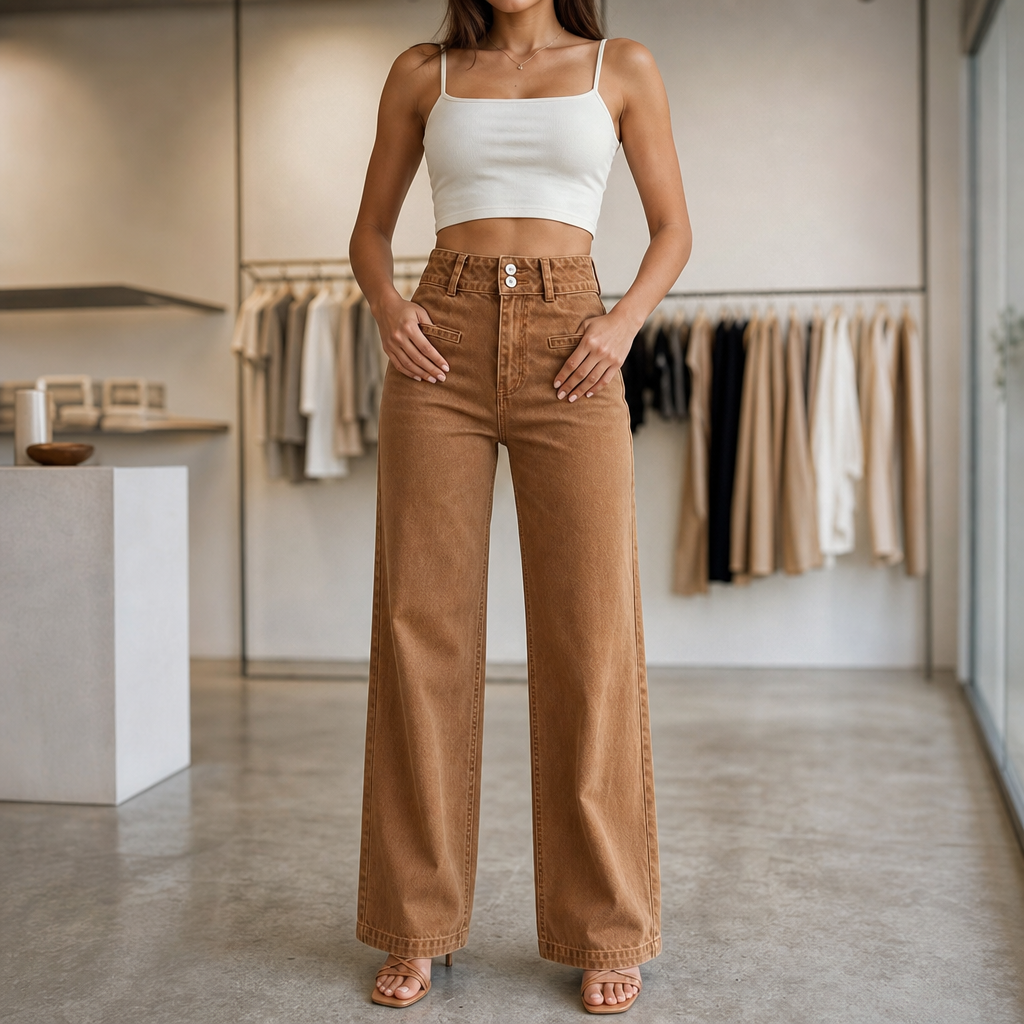 Highline™ – Trendige High-Waist-Wide-Leg-Jeans mit Doppelknopf-Bund