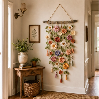 Bowerly – Handgefertigter gehäkelter Blumen-Wandbehang mit Ranken & Quasten | 50 % Rabatt