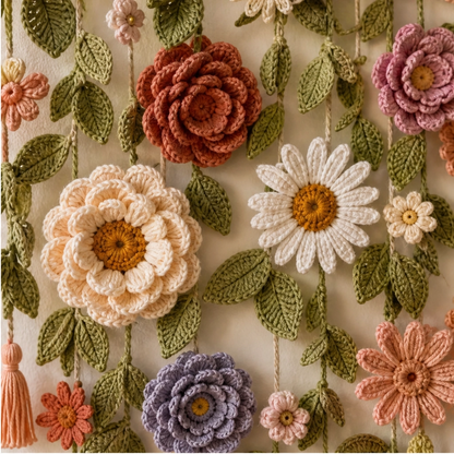 Bowerly – Handgefertigter gehäkelter Blumen-Wandbehang mit Ranken & Quasten | 50 % Rabatt