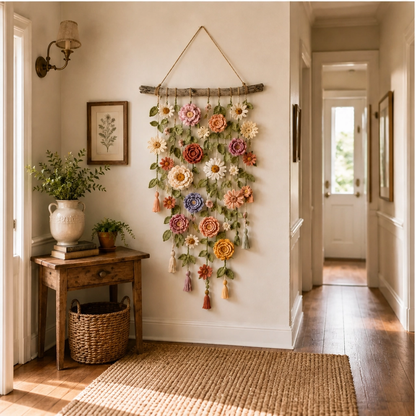 Bowerly – Handgefertigter gehäkelter Blumen-Wandbehang mit Ranken & Quasten | 50 % Rabatt