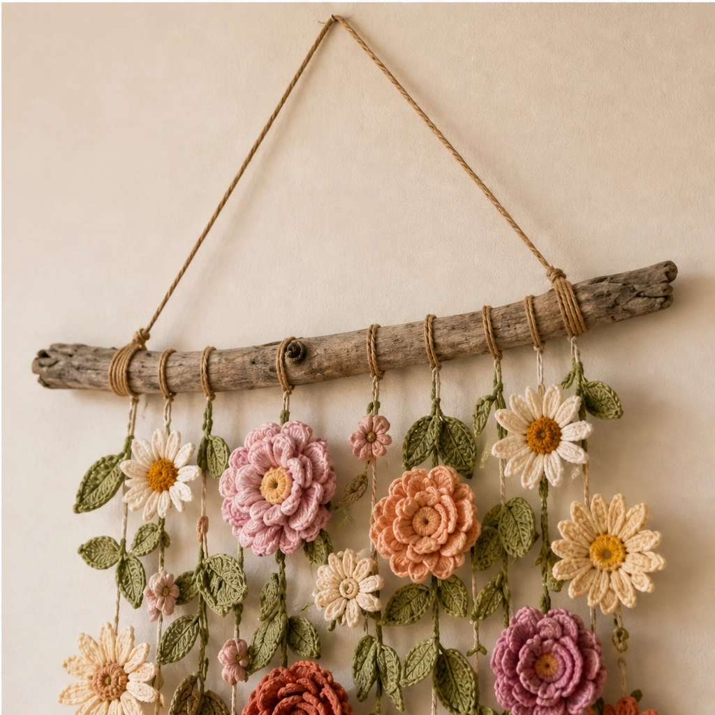Bowerly – Handgefertigter gehäkelter Blumen-Wandbehang mit Ranken & Quasten | 50 % Rabatt