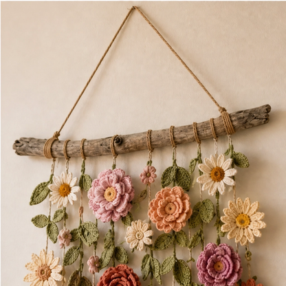 Bowerly – Handgefertigter gehäkelter Blumen-Wandbehang mit Ranken & Quasten | 50 % Rabatt