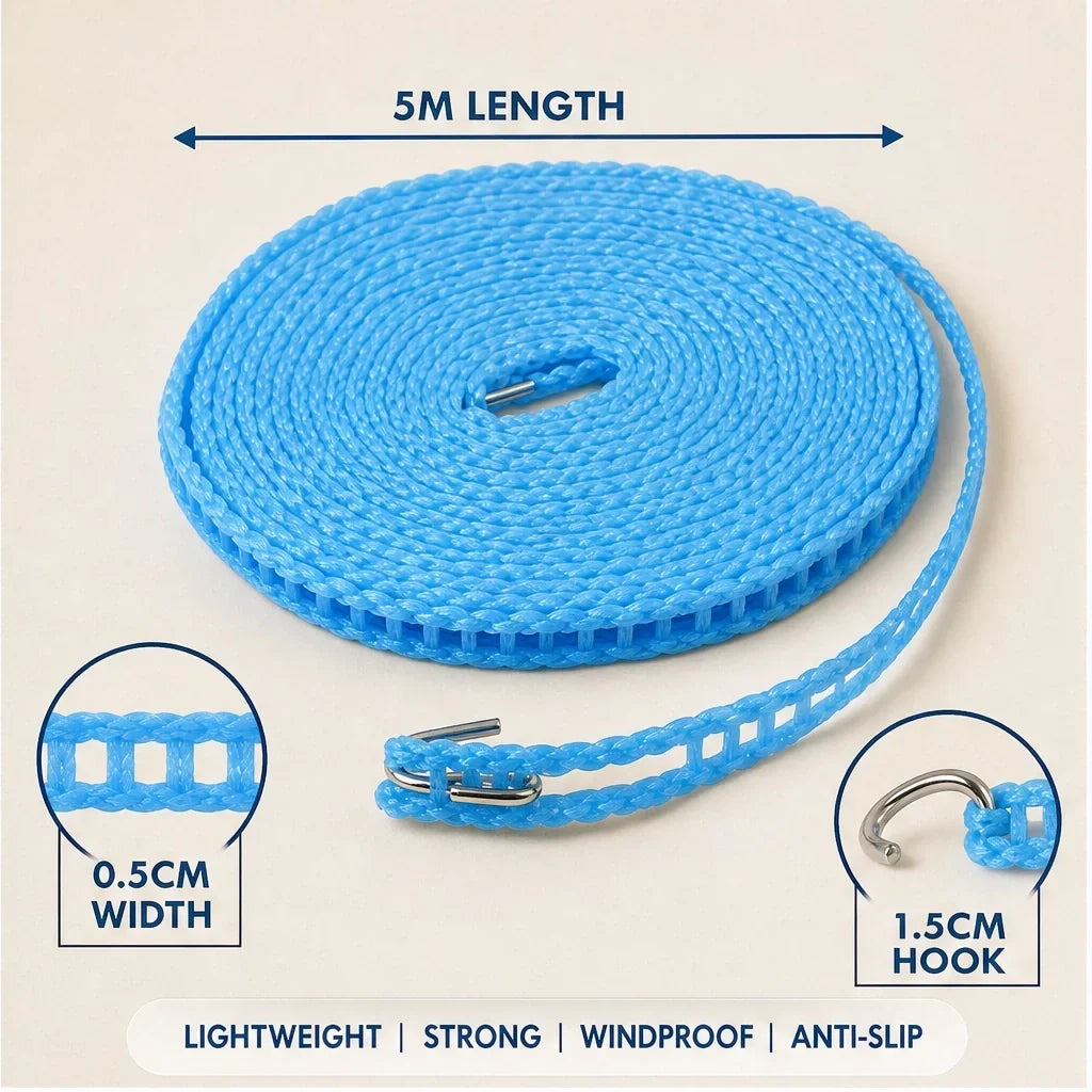 Breezelock™ – Windfeste 5-Meter Anti-Rutsch-Wäscheleine mit Haken + 50 % RABATT
