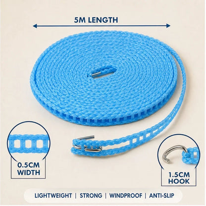 Breezelock™ – Windfeste 5-Meter Anti-Rutsch-Wäscheleine mit Haken + 50 % RABATT