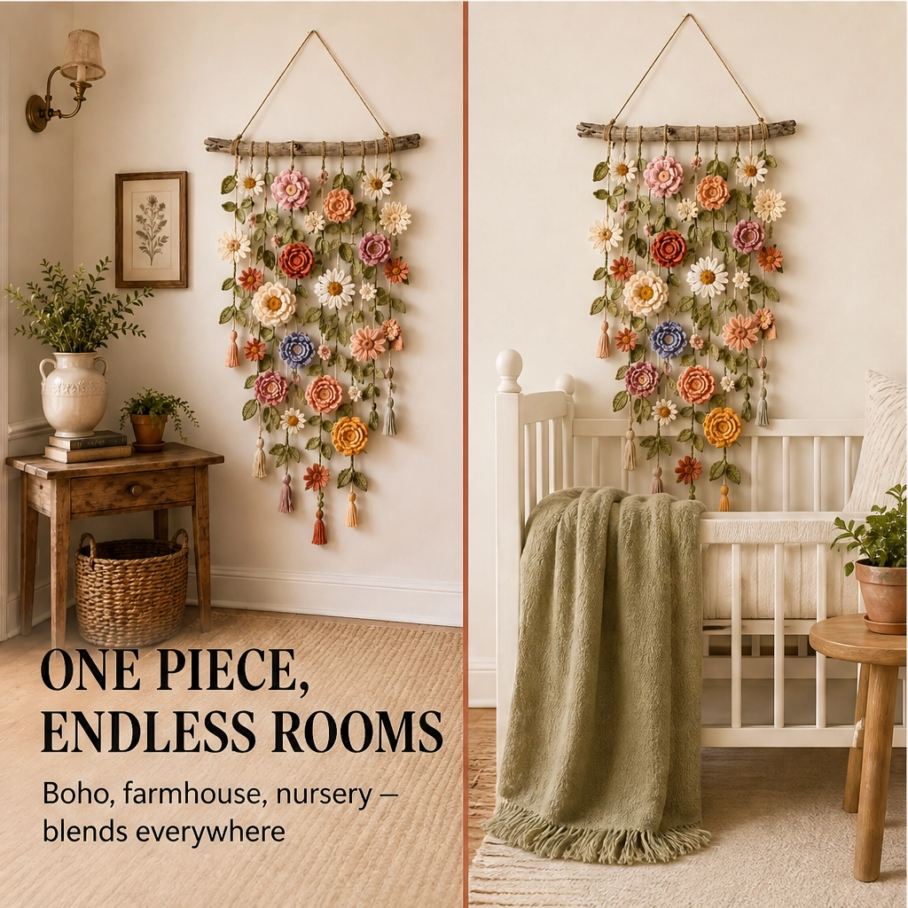 Bowerly – Handgefertigter gehäkelter Blumen-Wandbehang mit Ranken & Quasten | 50 % Rabatt