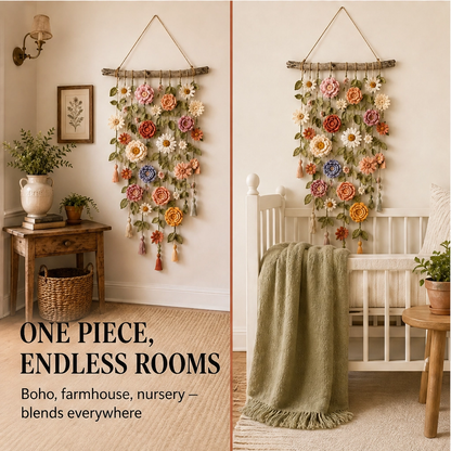 Bowerly – Handgefertigter gehäkelter Blumen-Wandbehang mit Ranken & Quasten | 50 % Rabatt