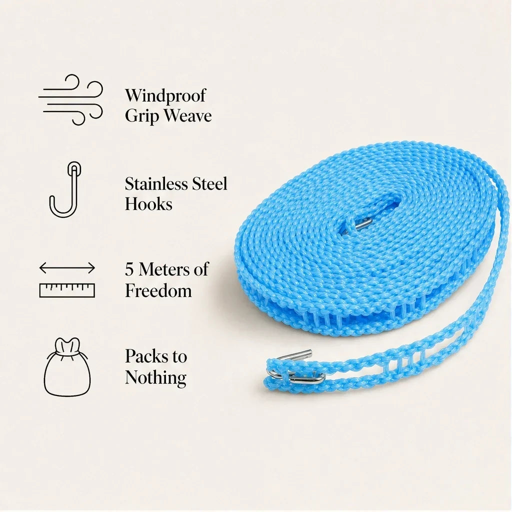 Breezelock™ – Windfeste 5-Meter Anti-Rutsch-Wäscheleine mit Haken + 50 % RABATT