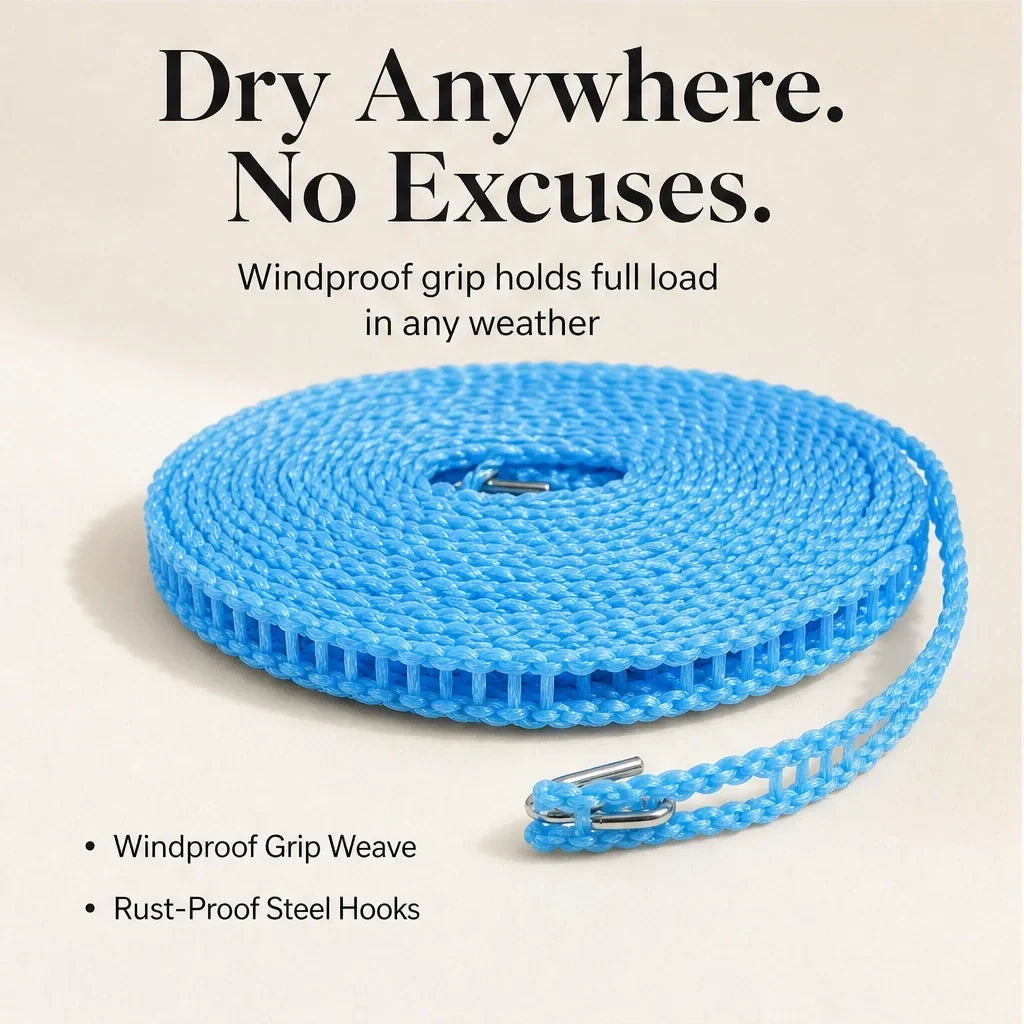 Breezelock™ – Windfeste 5-Meter Anti-Rutsch-Wäscheleine mit Haken + 50 % RABATT