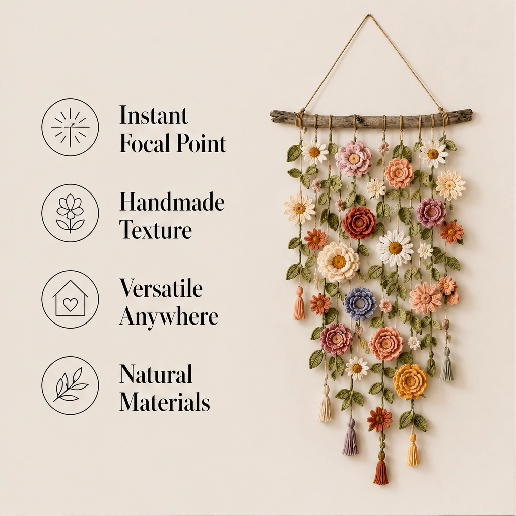Bowerly – Handgefertigter gehäkelter Blumen-Wandbehang mit Ranken & Quasten | 50 % Rabatt