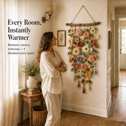 Bowerly – Handgefertigter gehäkelter Blumen-Wandbehang mit Ranken & Quasten | 50 % Rabatt