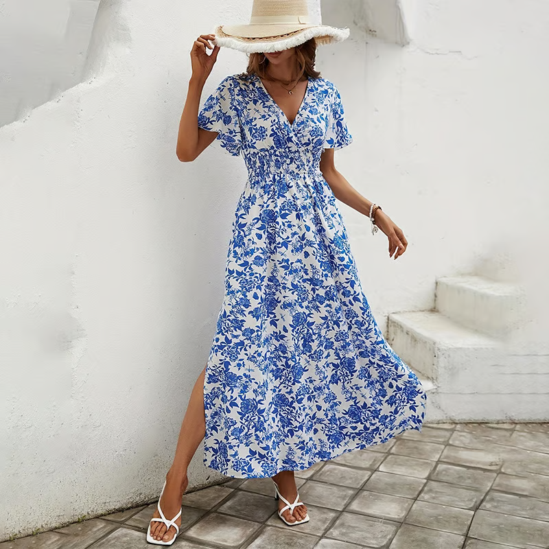 Bea – Blaues Boho-Strandkleid mit V-Ausschnitt