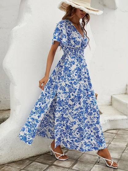 Bea – Blaues Boho-Strandkleid mit V-Ausschnitt